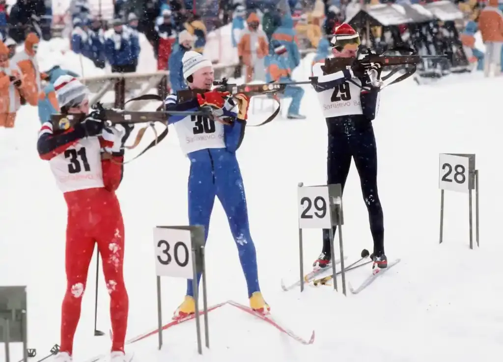 Biathletes at the Veliko Polje shooting range during the 1984 Winter Olympics