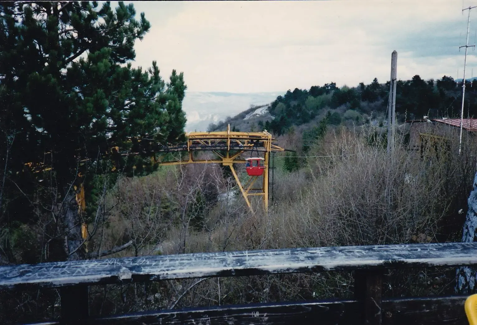 A red gondola on the Trebević cable car line in 1987