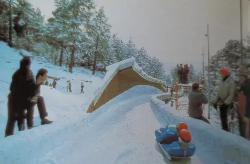 A luge team navigates the Trebević track during the 1984 Winter Olympics
