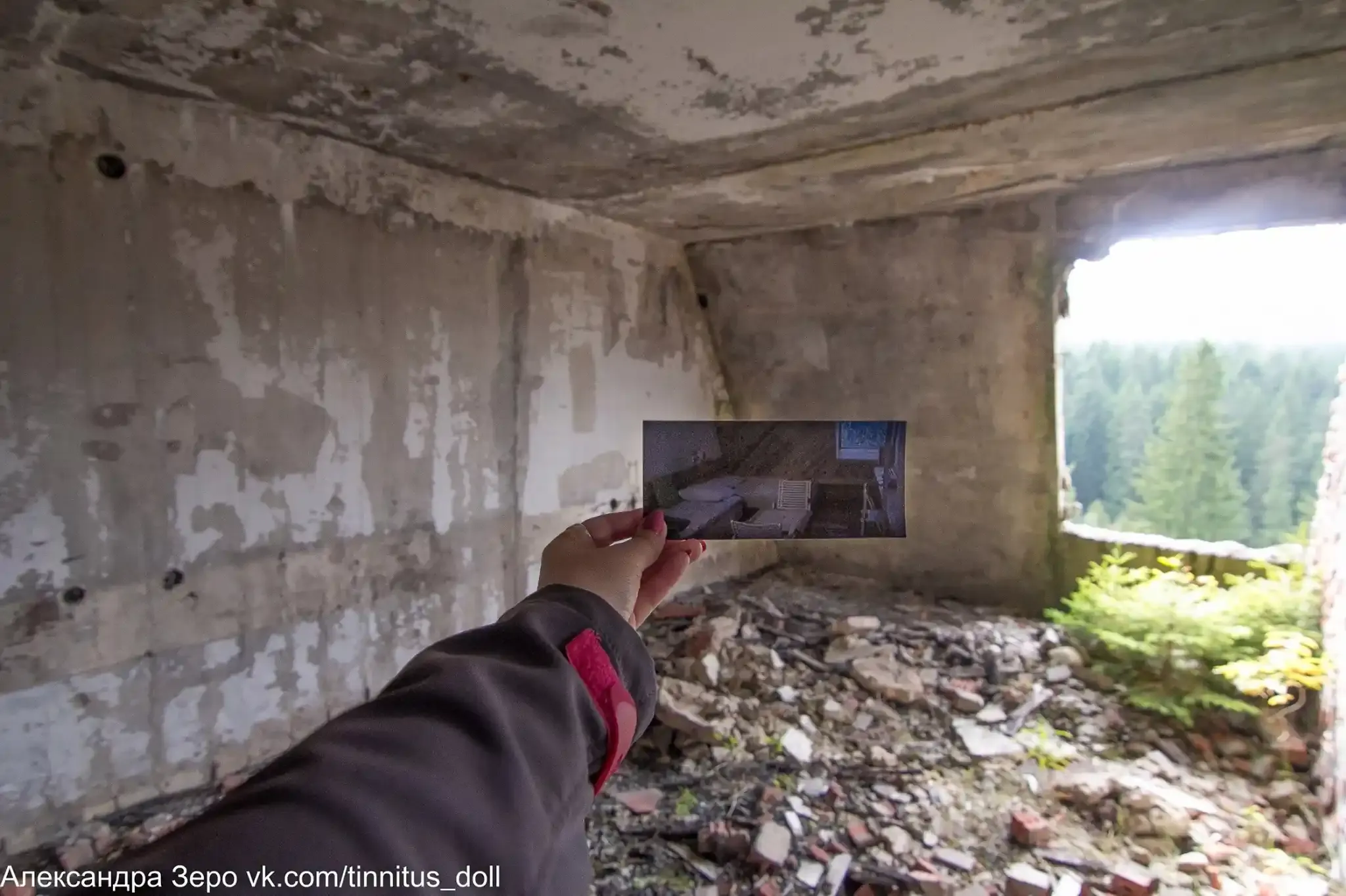 A photograph of a 1984 Olympic hotel room held against its ruins.