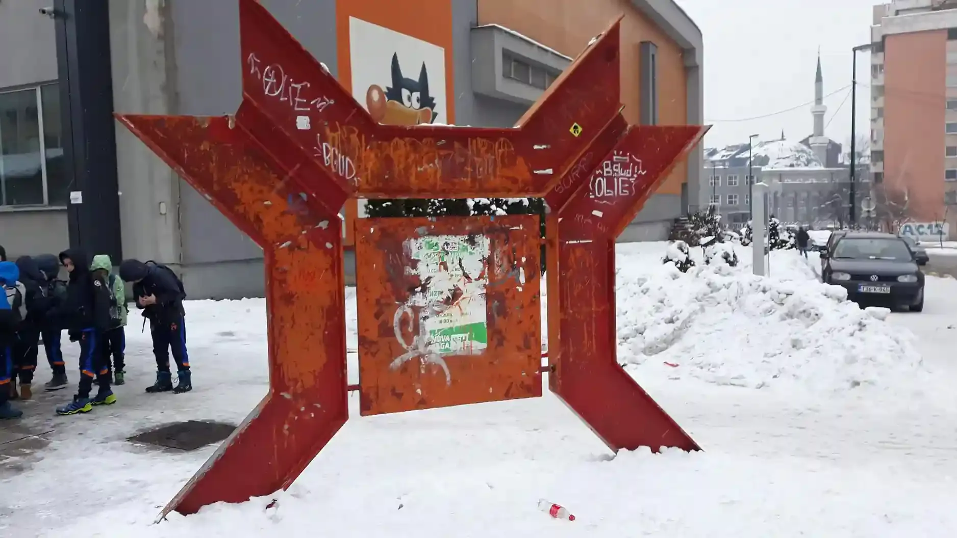 A rusted snowflake sign stands in the Mojmilo Olympic Village, 2015.