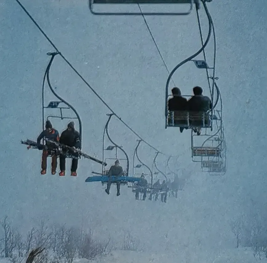 Skiers on the Stinji Do chairlift at Bjelašnica in 1983