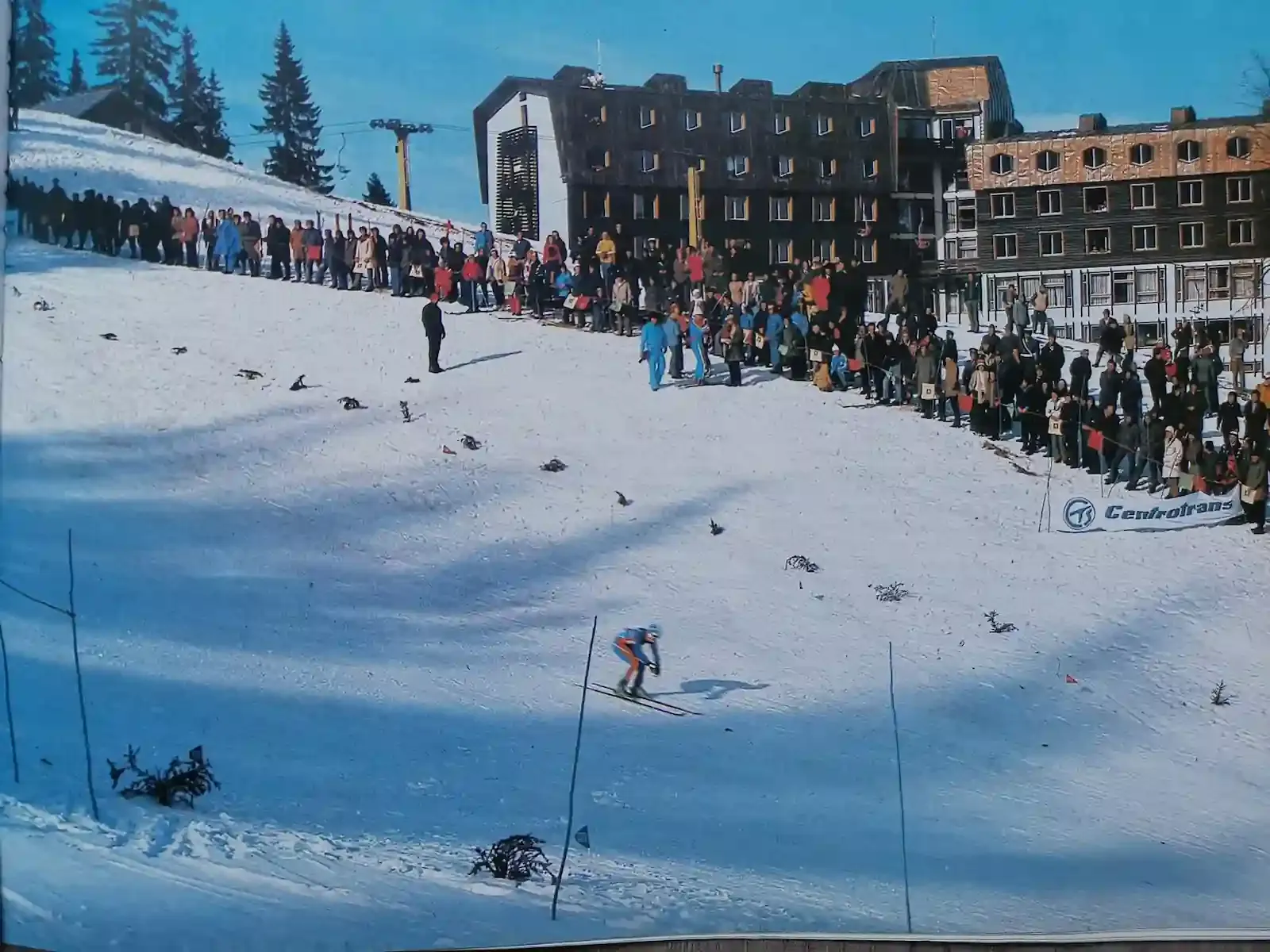 Alpine skiing competition in front of Hotel Jahorina in the 1980s