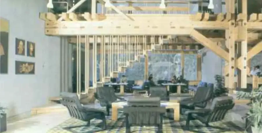 The timber-framed common room of Hotel Igman in 1984