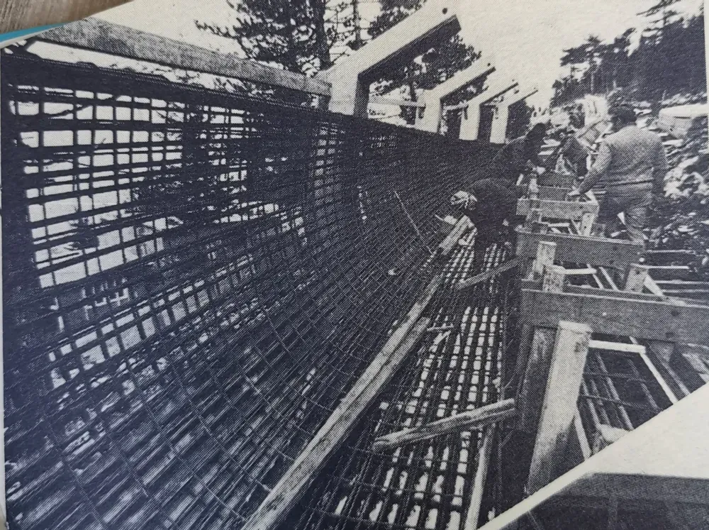 Workers installing rebar for the Trebević bobsled track in 1982