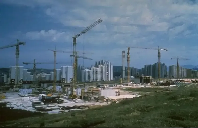 Tower cranes at the Mojmilo Olympic Village construction site, 1983