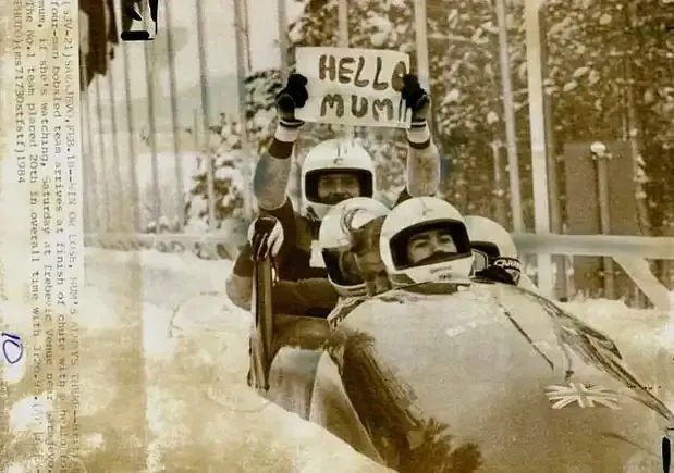 British bobsledders celebrate at the Trebević Olympic track, 1984