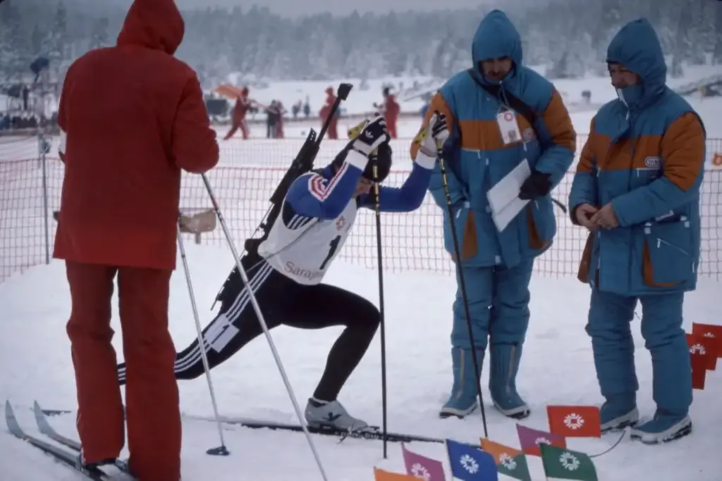 A biathlete prepares at the Veliko Polje start line, 1984