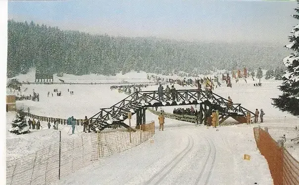 Spectators gather on a wooden bridge at Veliko Polje in 1984