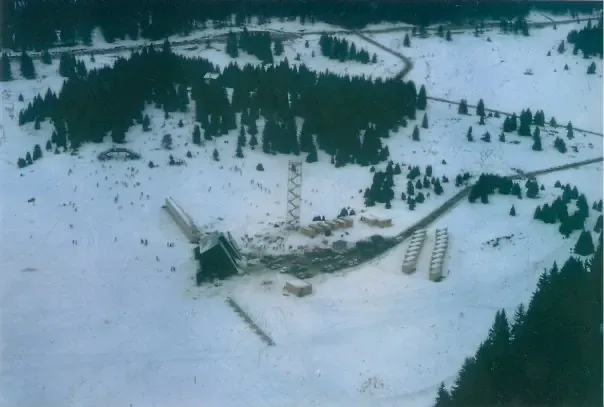 An aerial view of the Veliko Polje Nordic center preparations in 1984