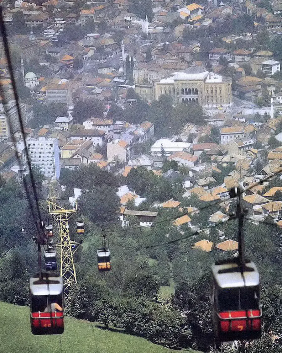 Cable car cabins ascending Trebević mountain above Sarajevo, 1970s