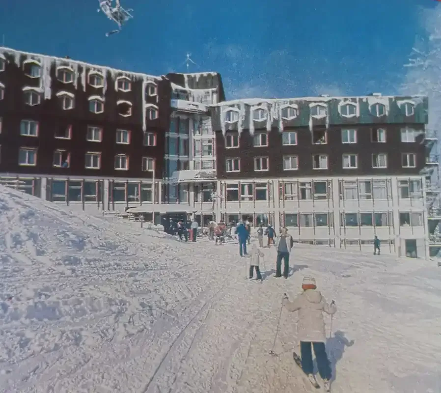 Skiers outside the Hotel Jahorina during the 1980s winter season