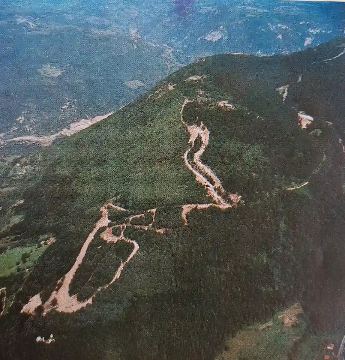 Aerial view of the Trebević bobsled track under construction, 1982