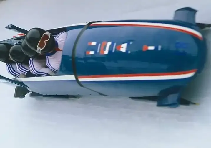 A USA bobsled team navigates the Trebević track in 1984