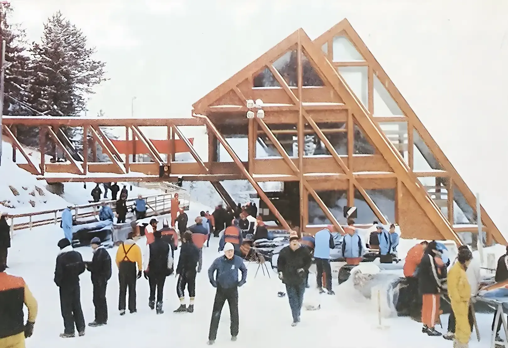 Athletes and officials gather at the Trebević bobsled track start, 1984