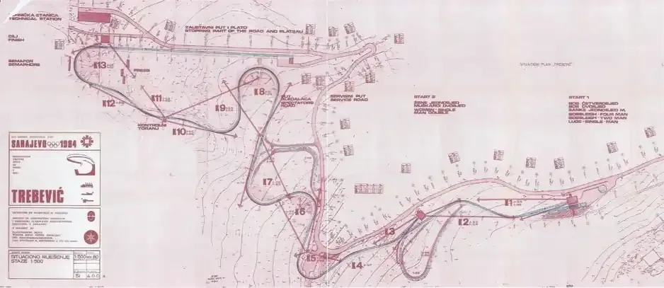 Official site plan for the Trebević Olympic bobsled track, 1984