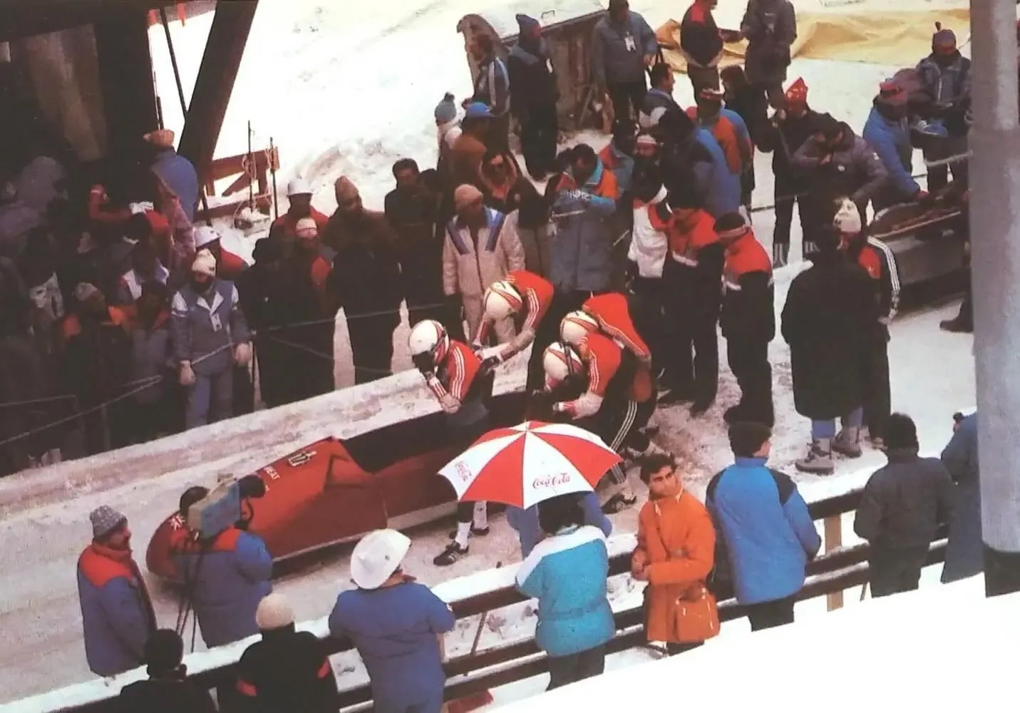 A bobsled team prepares for a run at the Trebević track in 1984