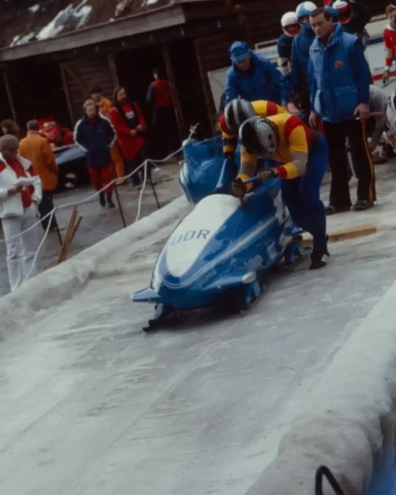 DDR bobsledders prepare for a run at Trebević in 1984