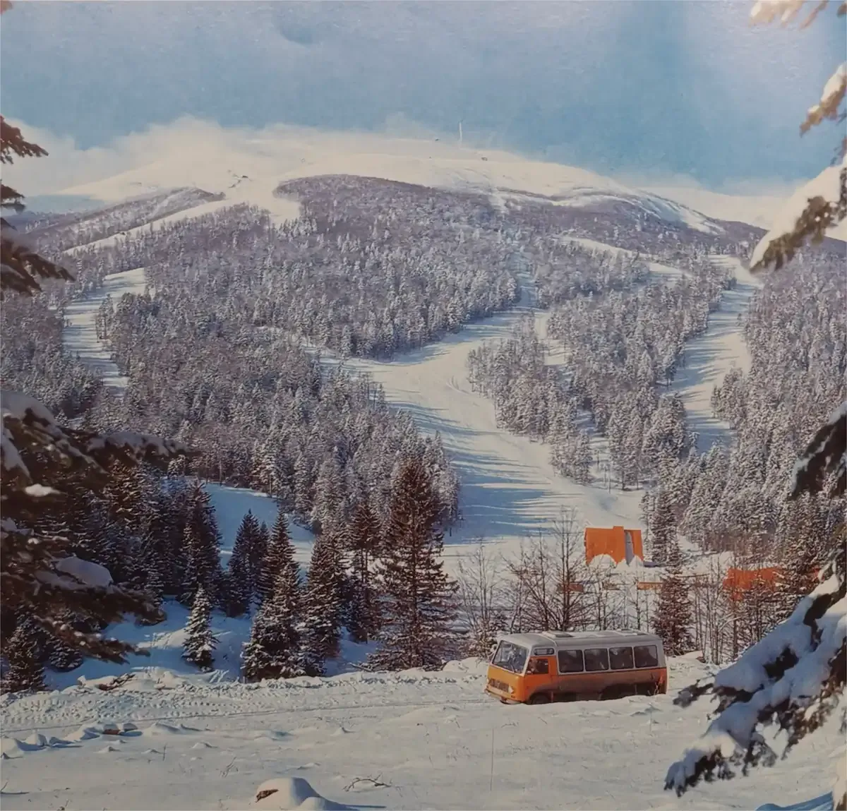 A bus parked overlooking the Bjelašnica Olympic ski runs in 1983