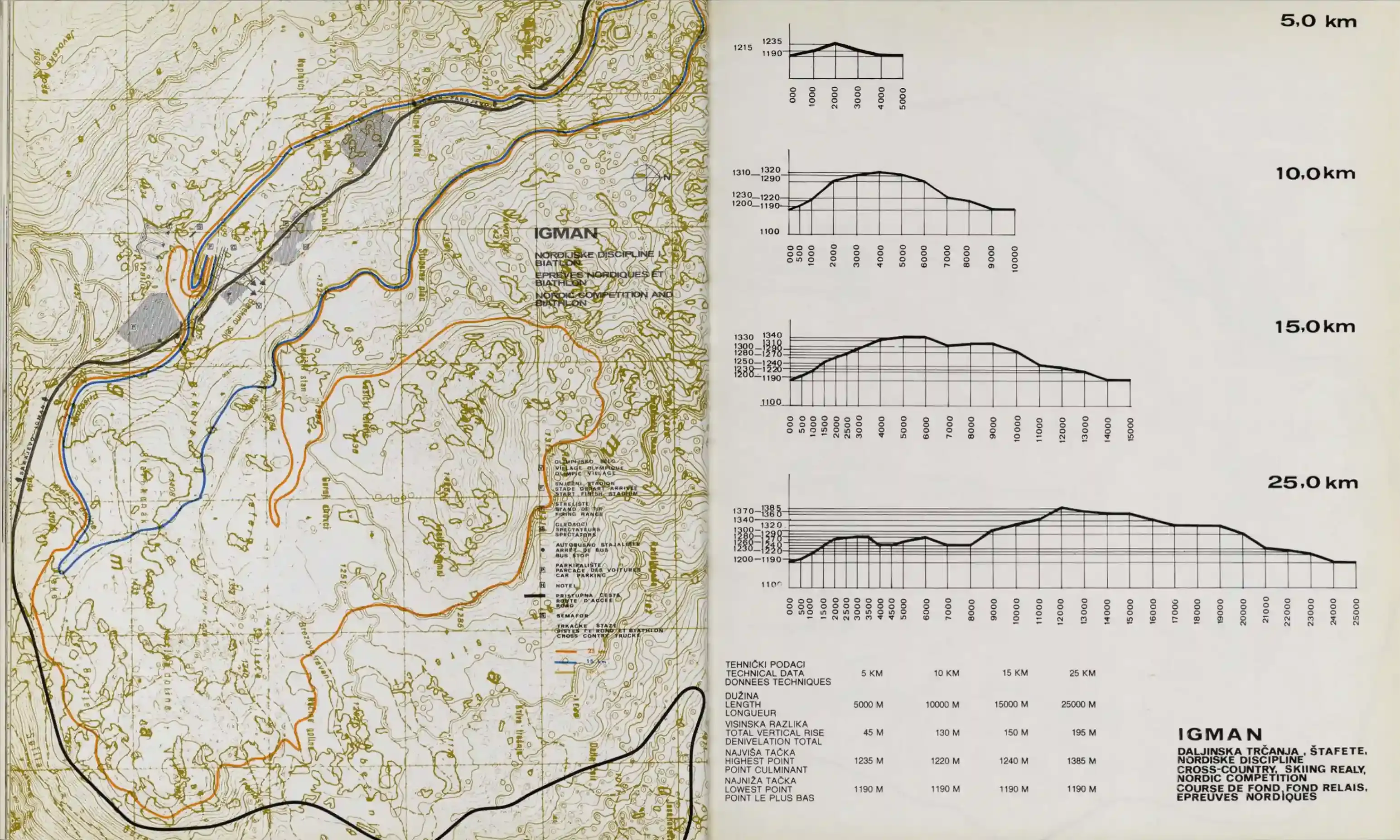 Technical course maps for Nordic and biathlon events at Igman, 1984.