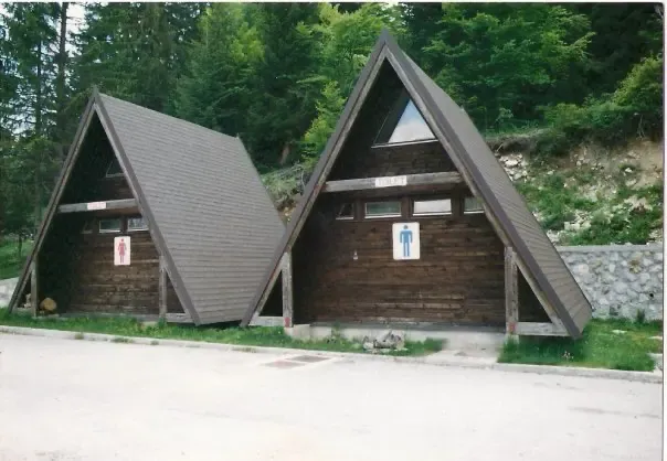 A-frame public toilet facilities at the Bjelašnica Olympic venue, 1980s