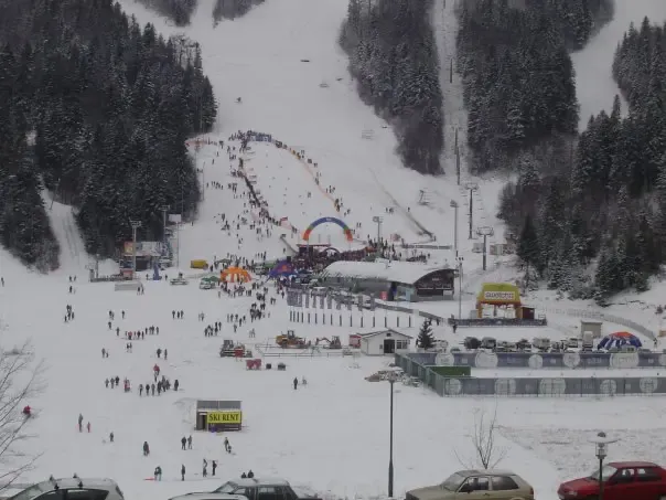 Spectators and athletes gather for a ski competition on Bjelašnica, 2009.