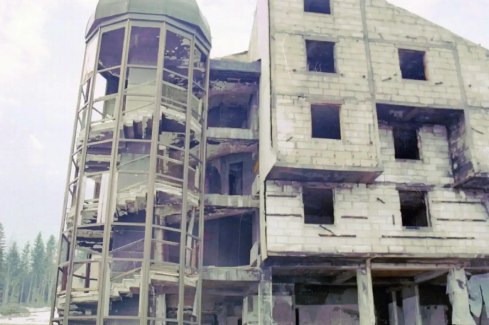 The shell-damaged remains of Hotel Famos on Bjelašnica in 1995