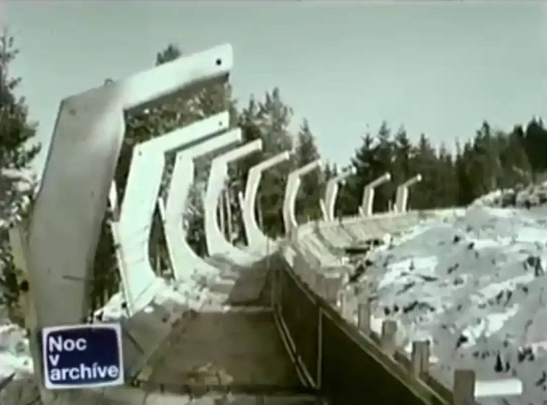 Concrete supports for the Trebevic bobsled track under construction, 1981