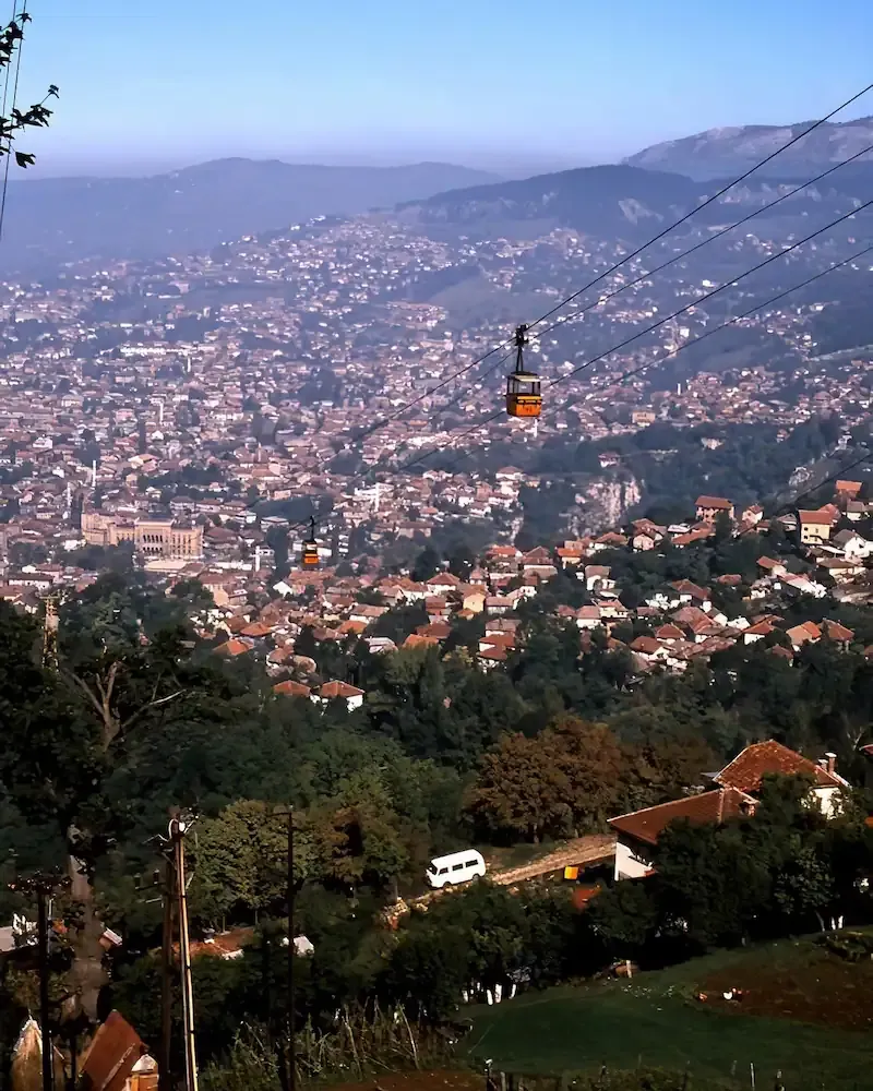 The Trebević cable car glides over Sarajevo during the 1970s.