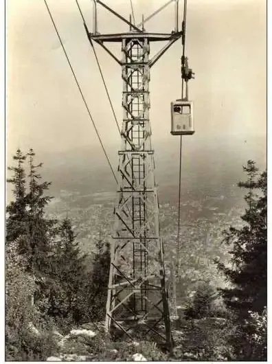 A Trebević cable car cabin passes a support tower in the 1960s