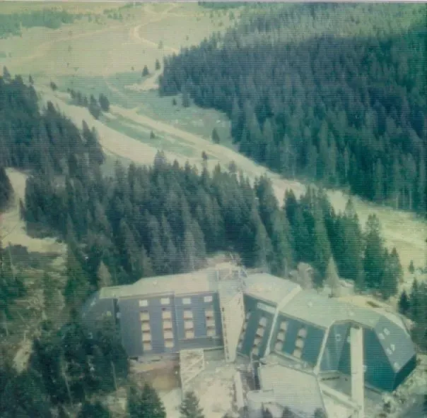 Construction of the Hotel Igman nears completion on Mount Igman, 1983