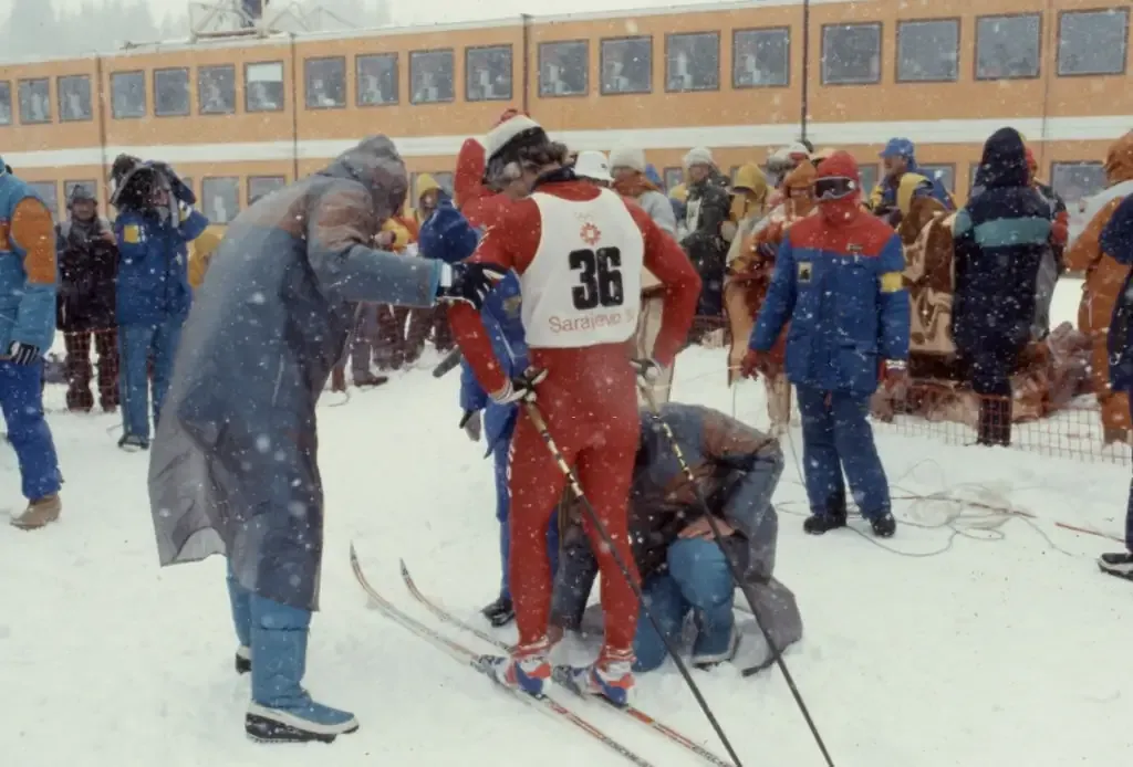 A skier prepares for competition at Veliko Polje in 1984