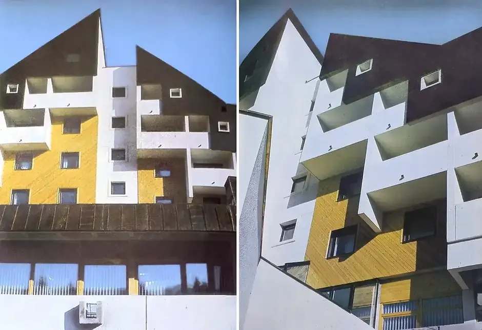The modernist geometric facade of Hotel Borik in Sarajevo, 1980s
