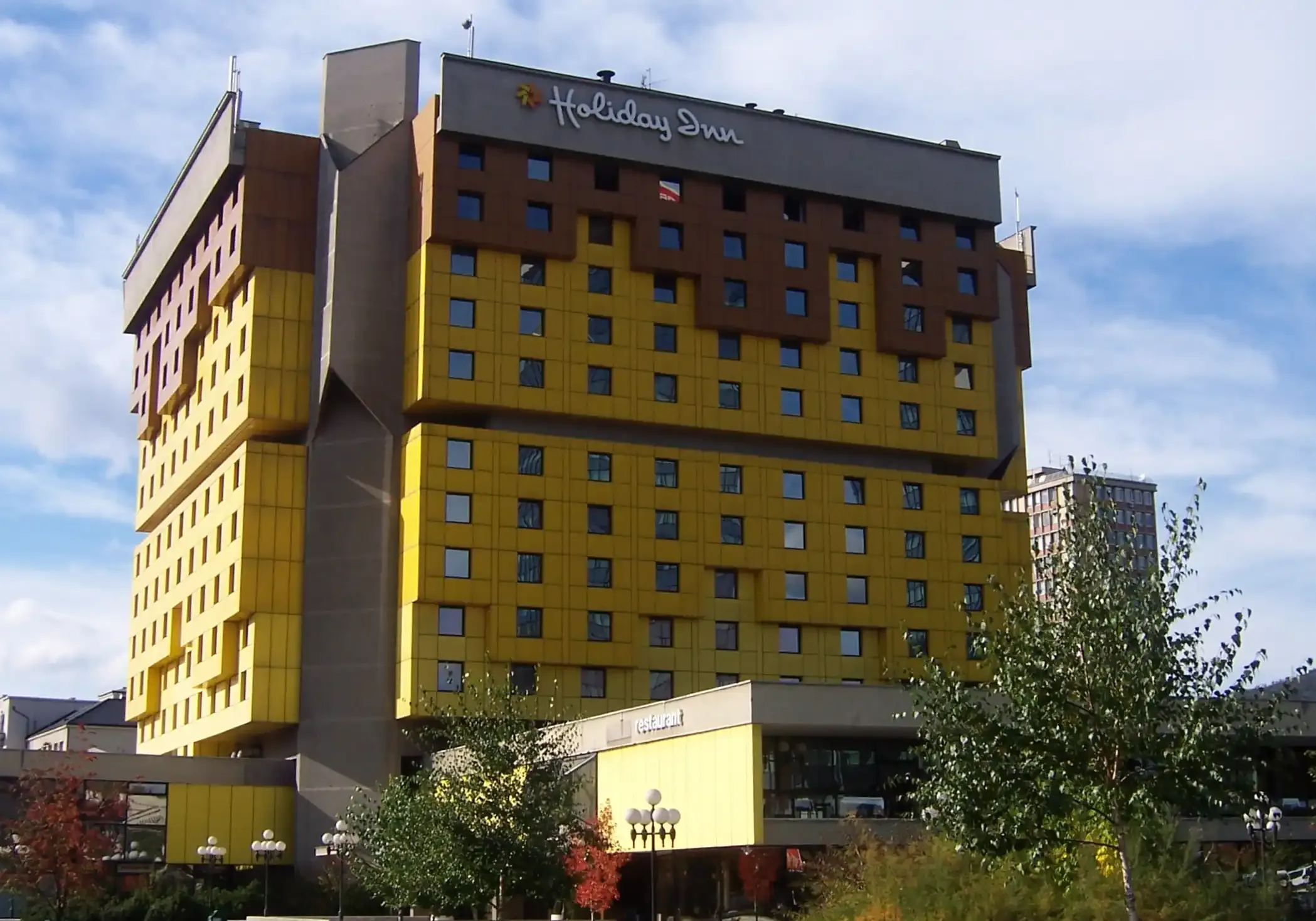 The distinctive yellow facade of Sarajevo's Holiday Inn in 2006.