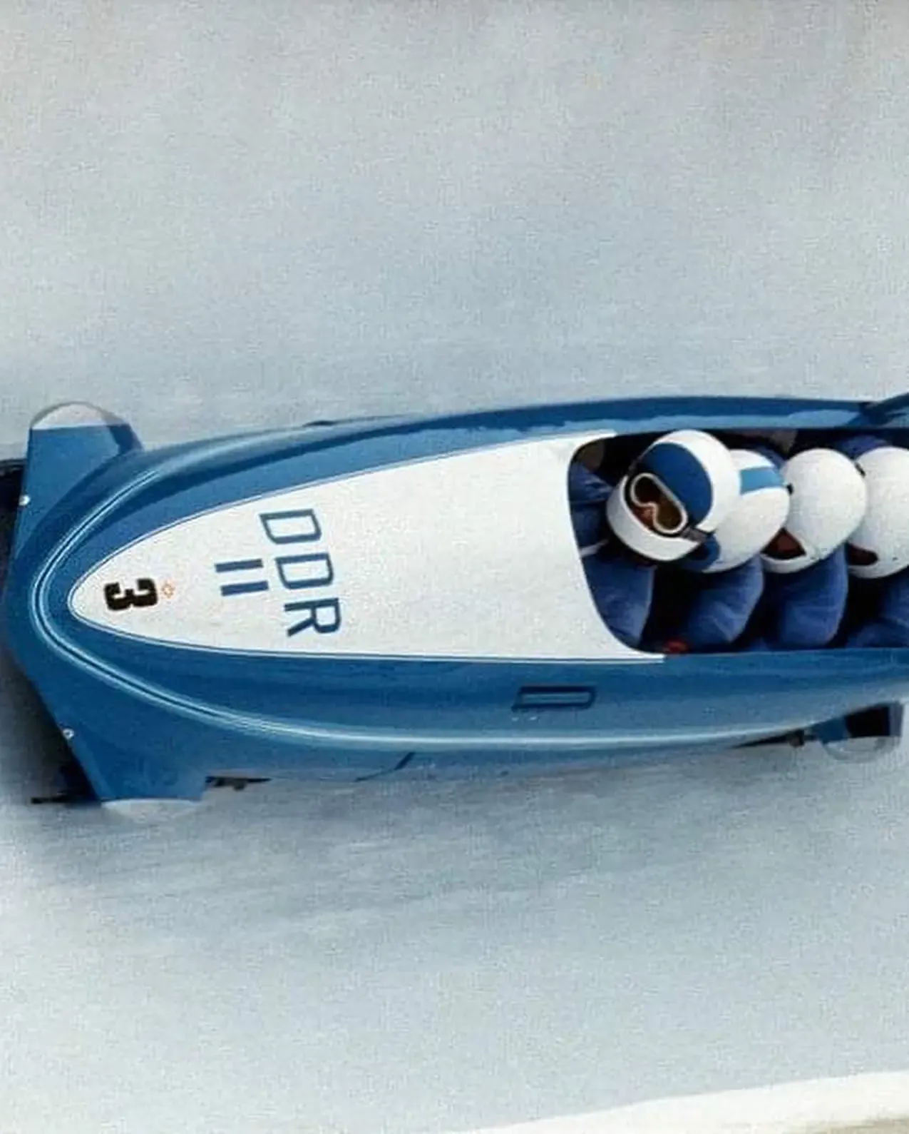 The East German DDR II four-man bobsled team in action, 1984