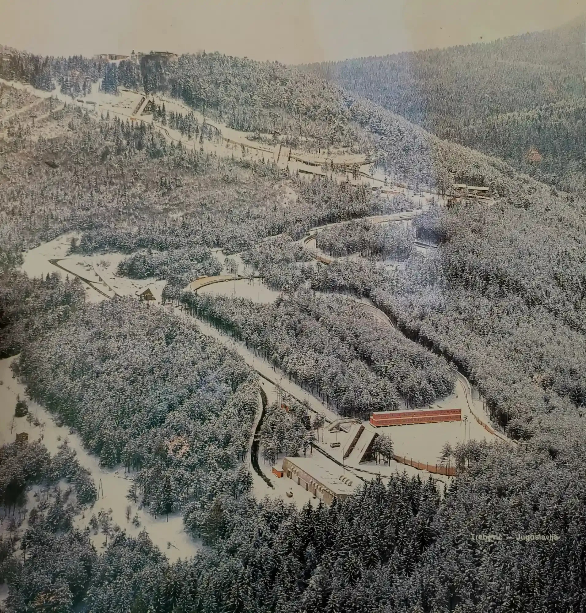 The winding Trebević Olympic bobsled track during the 1984 Winter Games