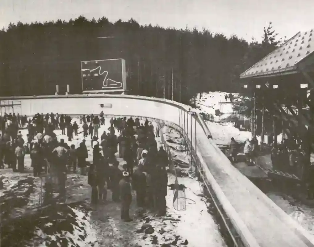 Spectators gather at the Trebević bobsled track finish line in 1984