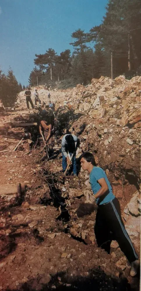Construction workers excavating the Trebević bobsled track site in 1981