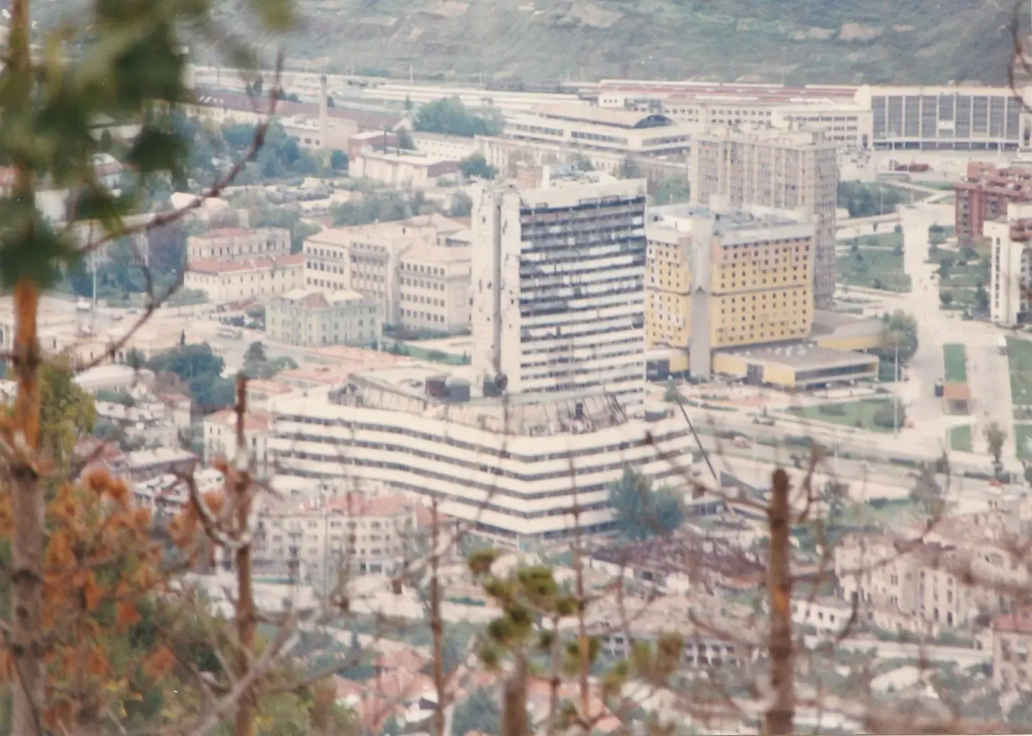 The damaged Hotel Holiday and Sarajevo skyline in 1996