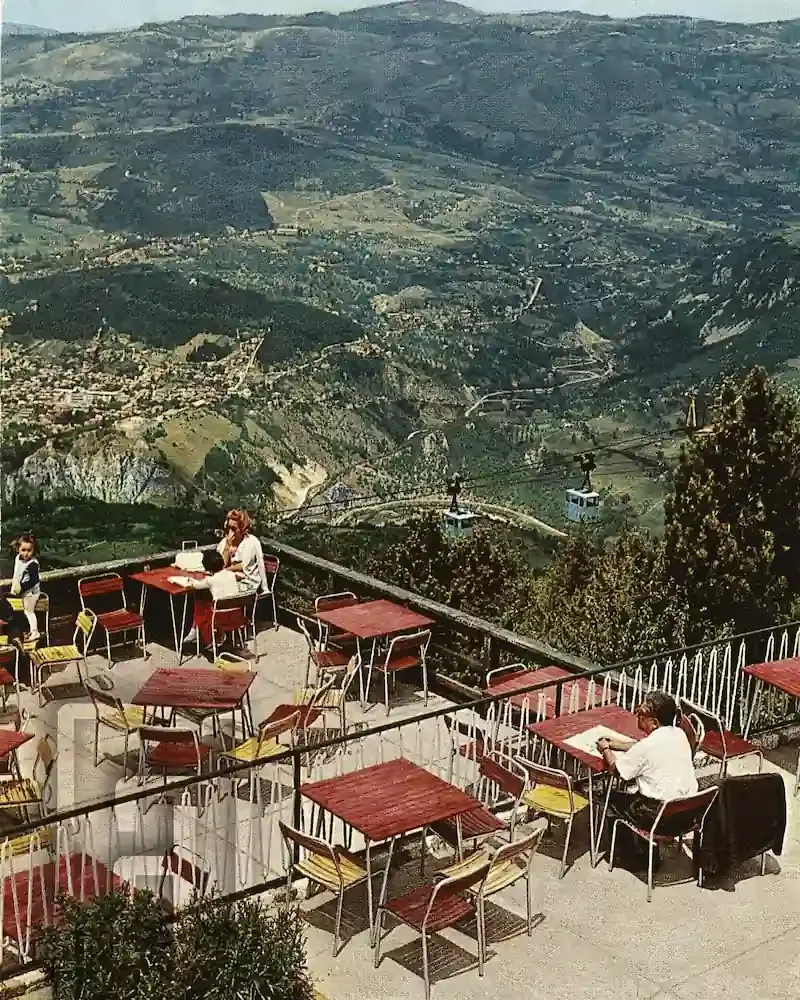 Patrons at the Trebević cable car viewpoint overlooking Sarajevo in the 1960s