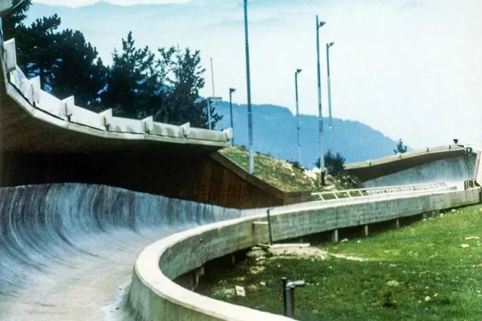 A section of the Trebević bobsled track in Sarajevo, 1983