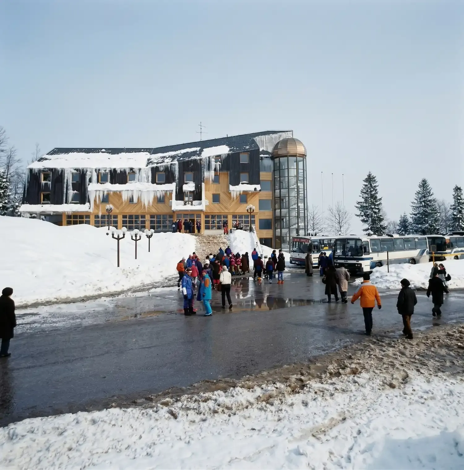 Visitors gather outside the Hotel Famos on Bjelašnica in the 1980s