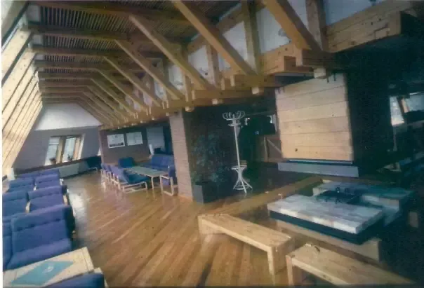 The timber-framed common room of Hotel Igman during the 1984 Winter Olympics