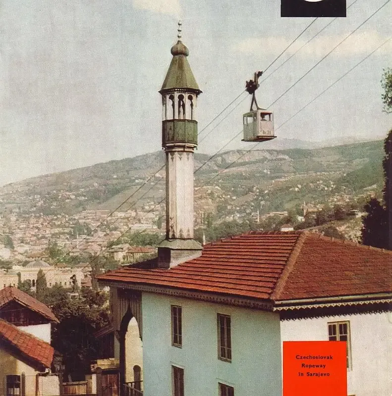 A Trebević cable car cabin glides over Sarajevo during the 1960s