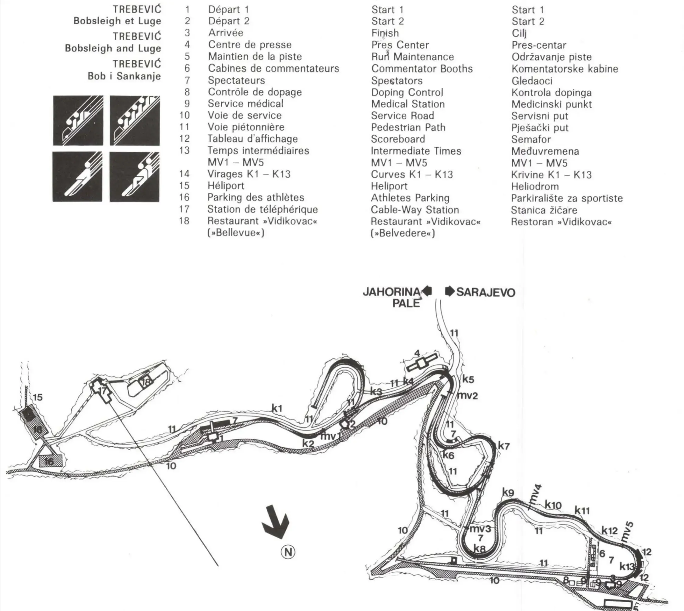 Technical map of the Trebević bobsleigh and luge track, 1984
