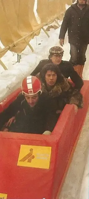 Passengers ride a rubber Vučko bobsled on the Trebević Olympic track in the 1980s