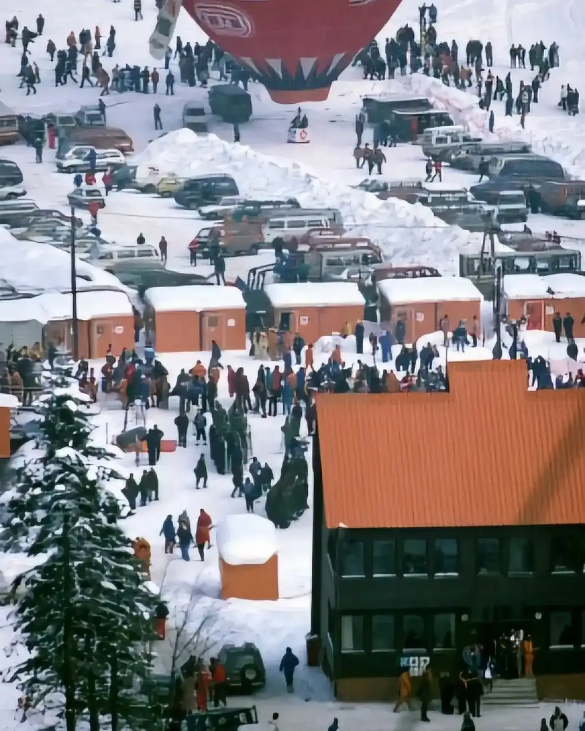 A hot air balloon rises over the Bjelašnica Olympic venue, 1984