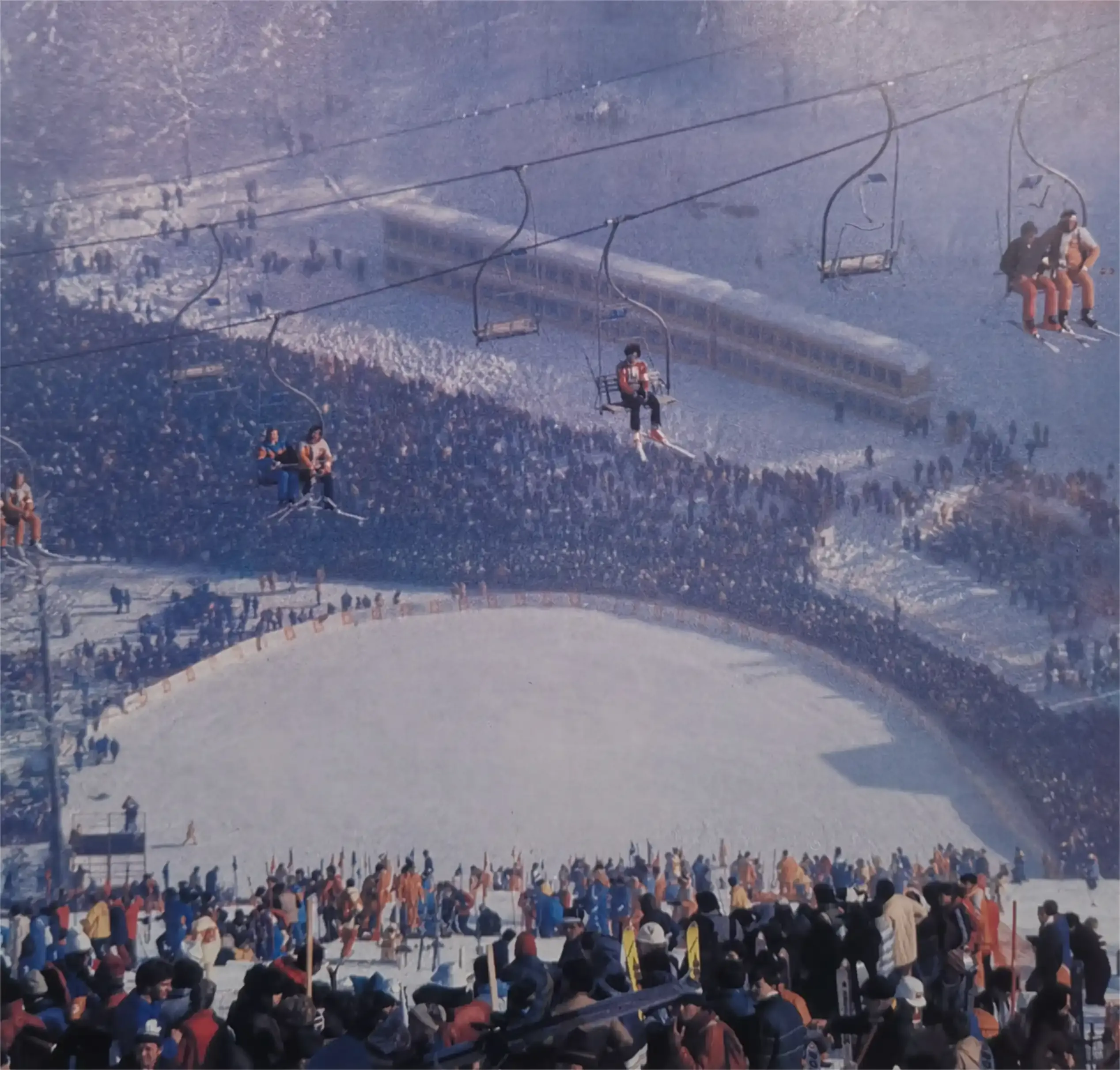 Spectators gather at the Bjelašnica giant slalom finish line in 1984