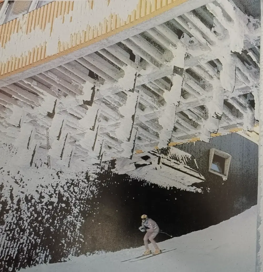 A skier departs the ice-encrusted summit start house on Bjelašnica, 1984