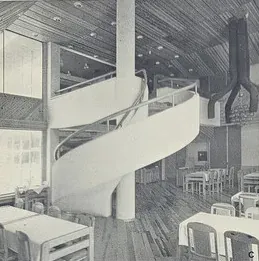 The spiral staircase in the Hotel Famos dining hall, 1980s